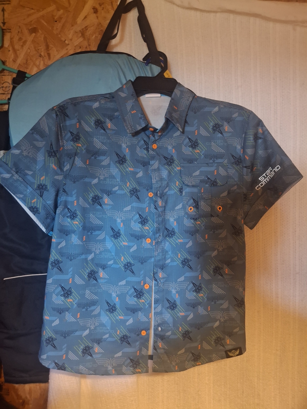 Blue Printed Short-Sleeve Kids Button-Up Shirt